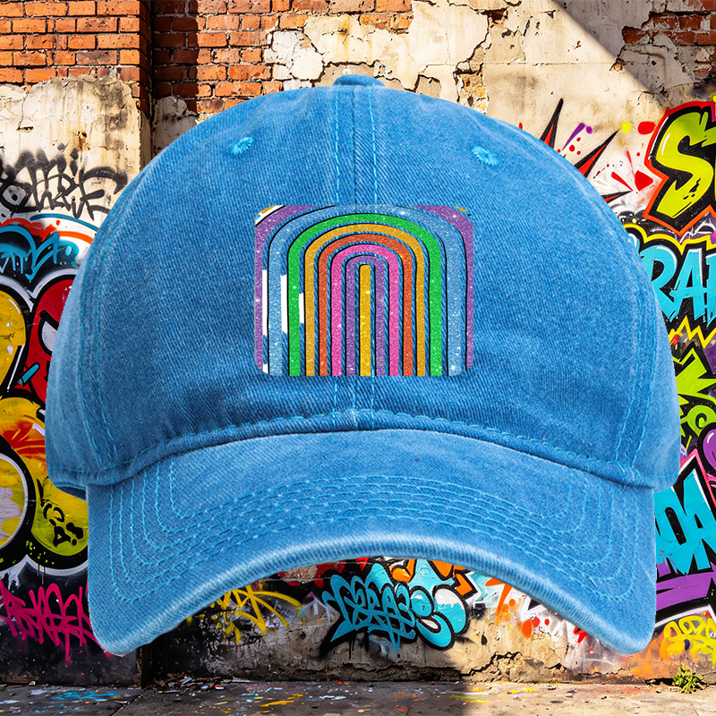 Unisex Classic Washed Baseball Cap with Glitter Rainbow Arc Print - Stylish Sun Protection Hat for Outdoor Activities, Perfect for Fashion-Lovers and Casual Wearers