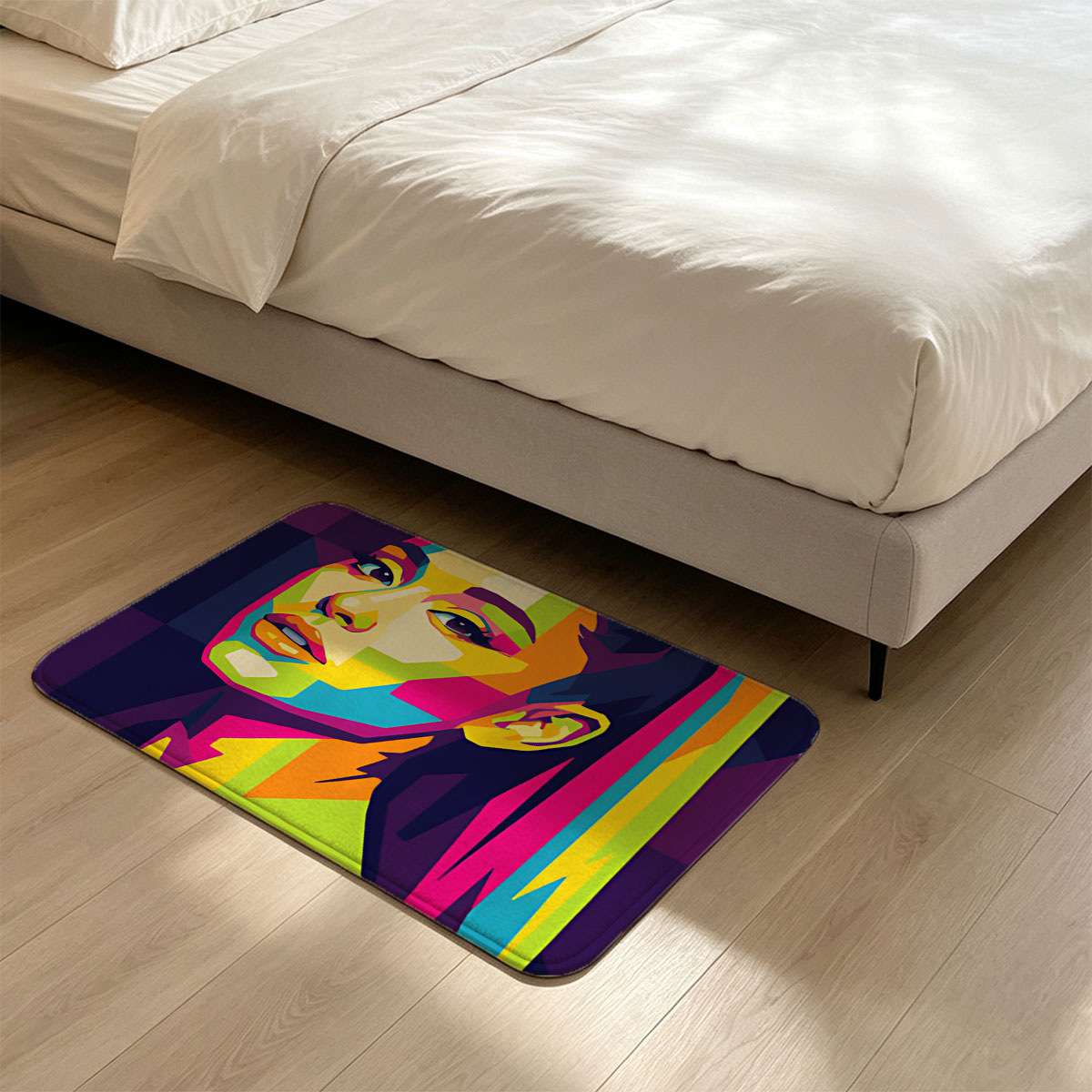 Colorful Pop Art Portrait of a Woman with Vibrant Hair and Geometric Patterns - Flannel floor mat