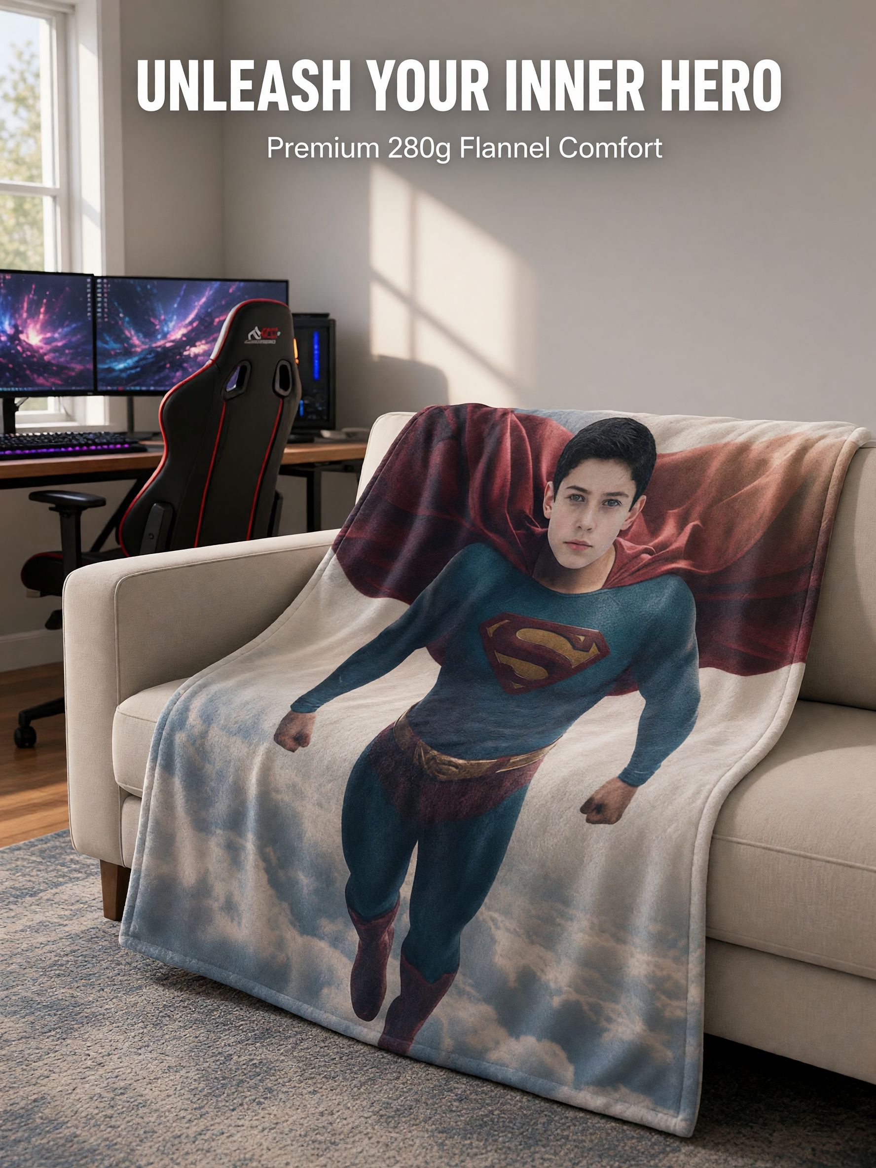 Custom Photo Superhero Flannel Fleece Blanket, Personalized Face Throw Blanket, Skin Friendly Warm Plush Quilt for