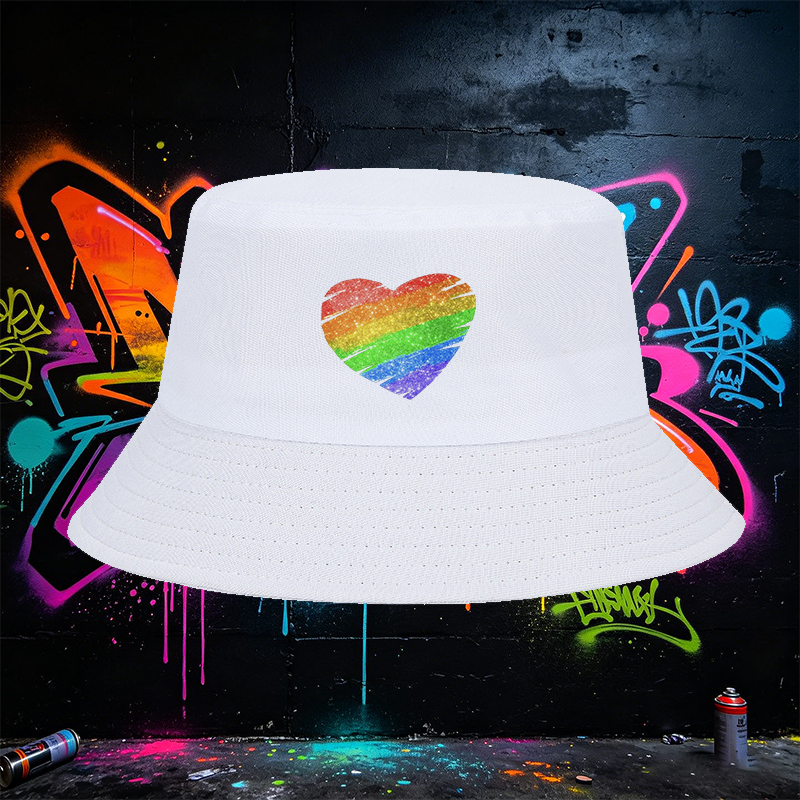 Unisex Bucket Hat with Rainbow Heart Print Glitter Design - Classic Cotton Sun Hat for Outdoor Activities, Beach, Travel, and Pride Events - Suitable for Adults, Men and Women, Casual Fashion Statement Accessory