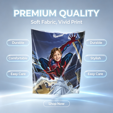 Custom Face Spider‑Man Blanket, Personalized Superhero Photo Throw, Soft Warm Flannel Blanket, Unique Birthday Gift for Kids Boys