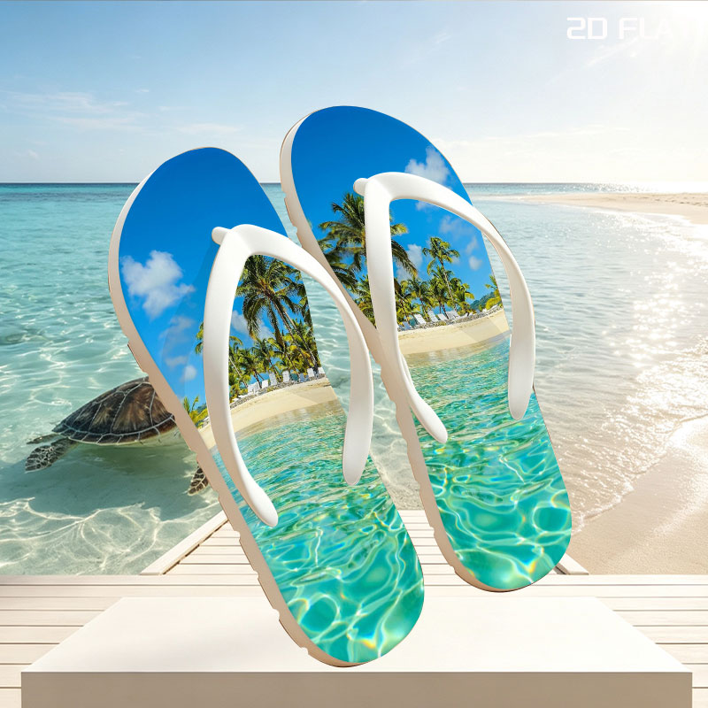 Crystal clear waters meet sandy beach with palm trees and lounge chairs under a bright blue sky. -  flip-flops