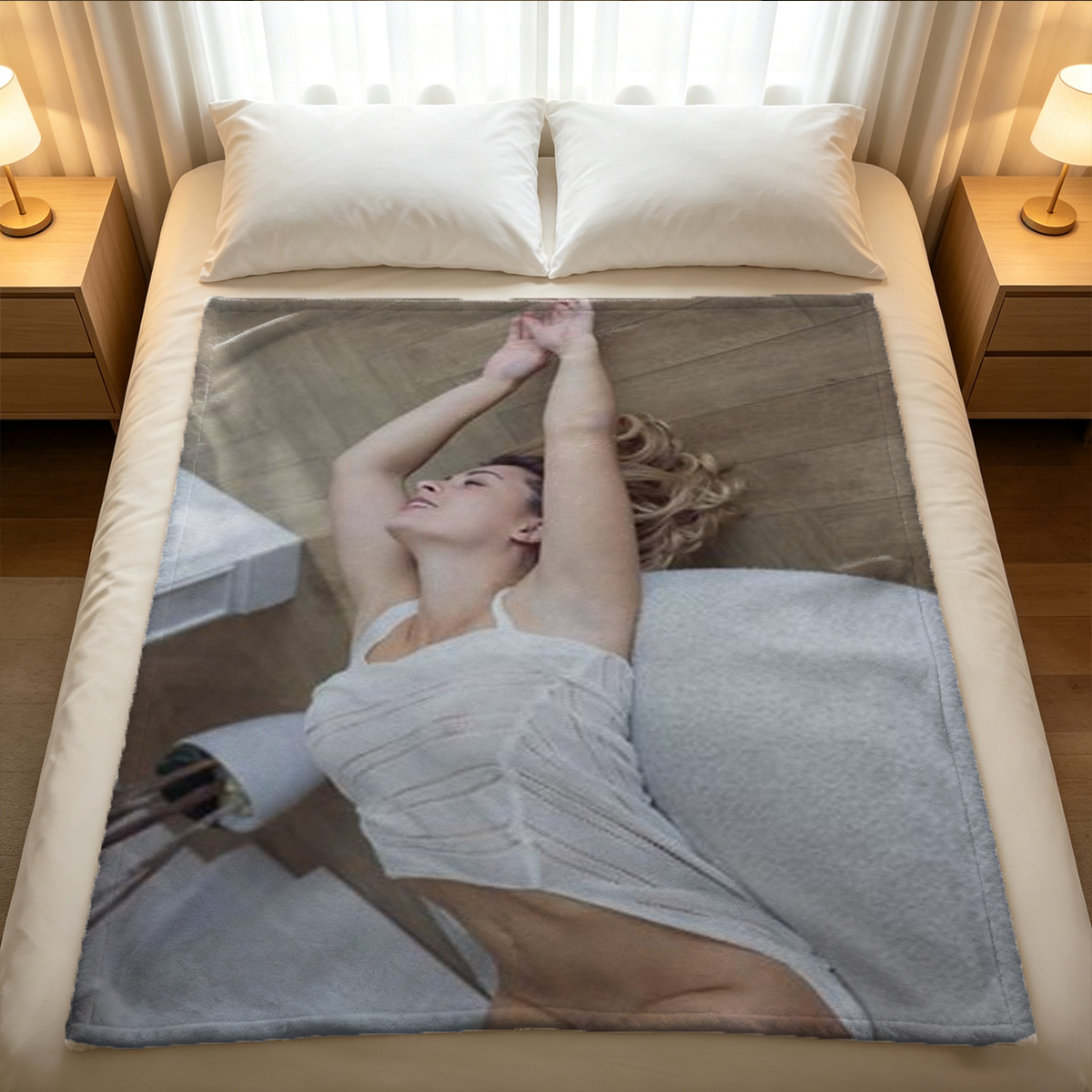 A woman in white lingerie relaxing in a milky bubble bath. - Blanket