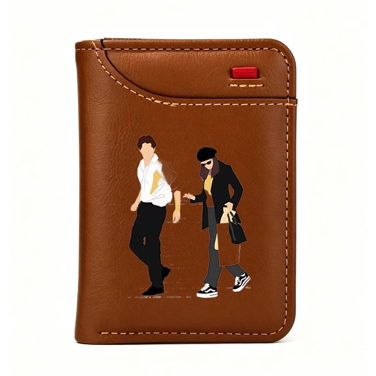 Fashion Duo in Urban Style: Man in White Shirt and Black Pants, Woman in Beret, Sunglasses, and Coat - Vertical Style Wallet