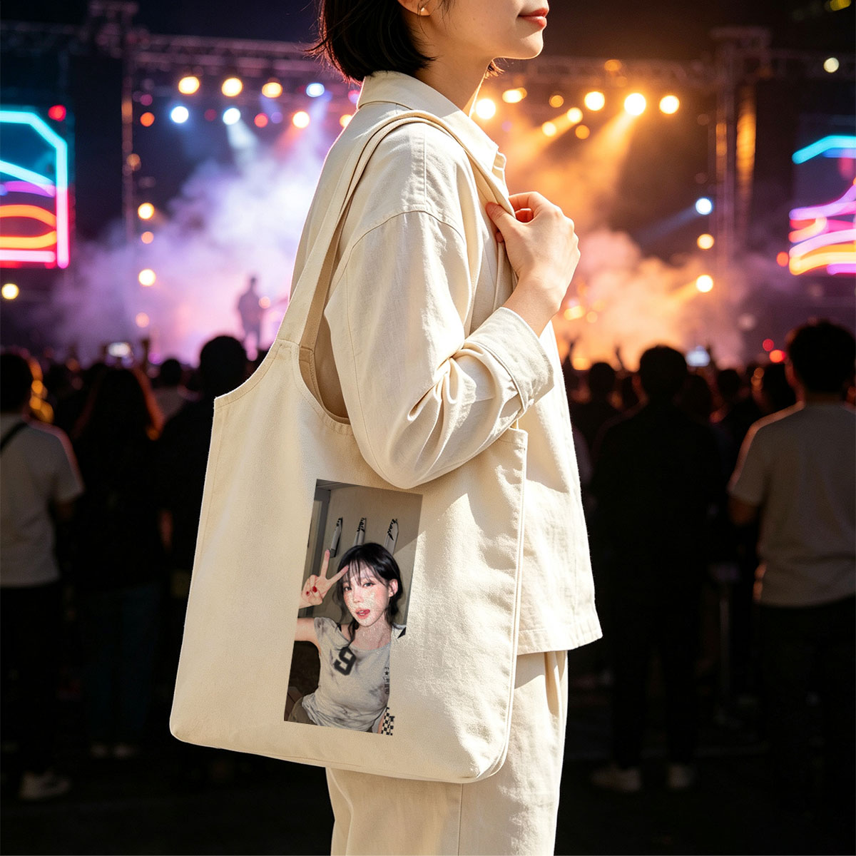 Korean Celebrity in Casual Outfit Making Peace Sign in Indoor Setting - Canvas shoulder bags/