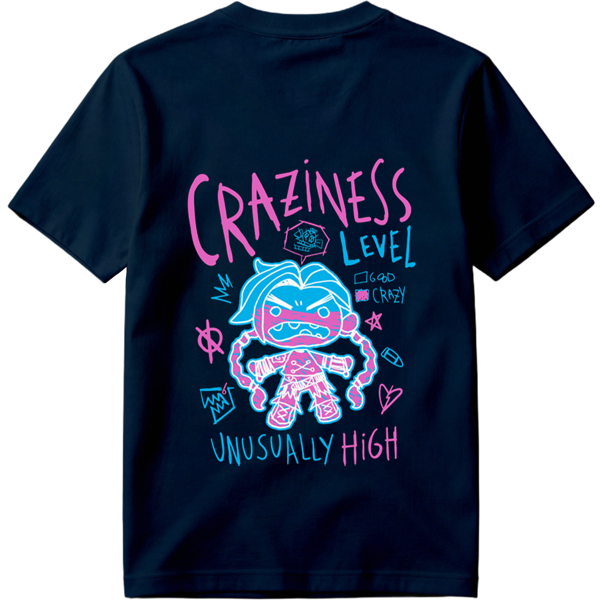 Craziness Level: Unusually High - Blue Character with Pink Accents - Tee