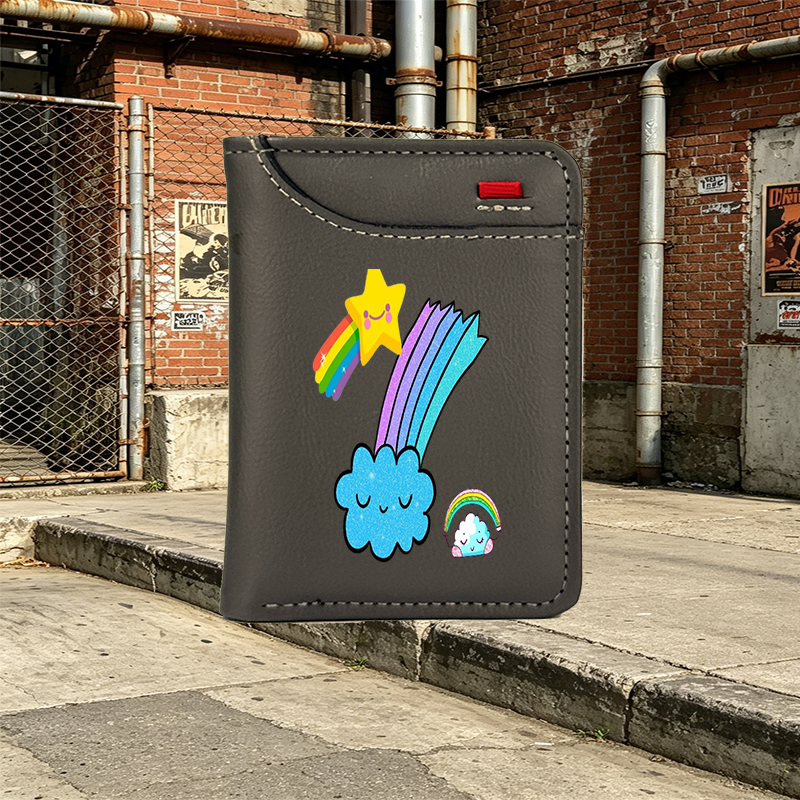 Unisex Vertical Wallet with Rainbow Star and Cloud Print, Cute Glitter Design for Daily Use, Perfect for Students and Young Adults Seeking Fun and Stylish Accessories