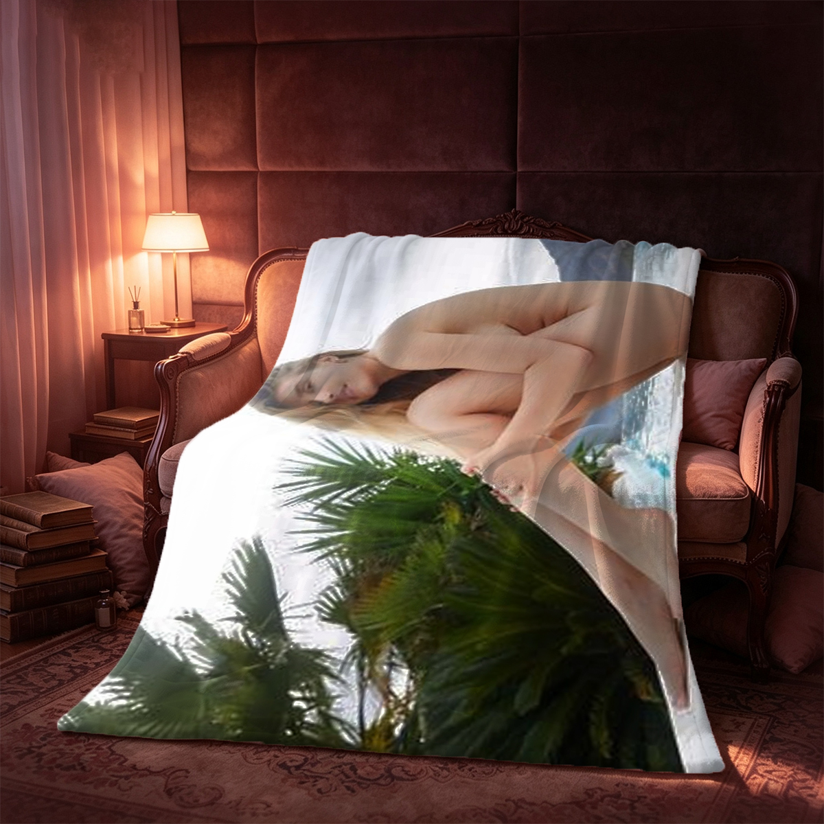 Nude redhead standing barefoot on purple floor with orange pillows. - Blanket