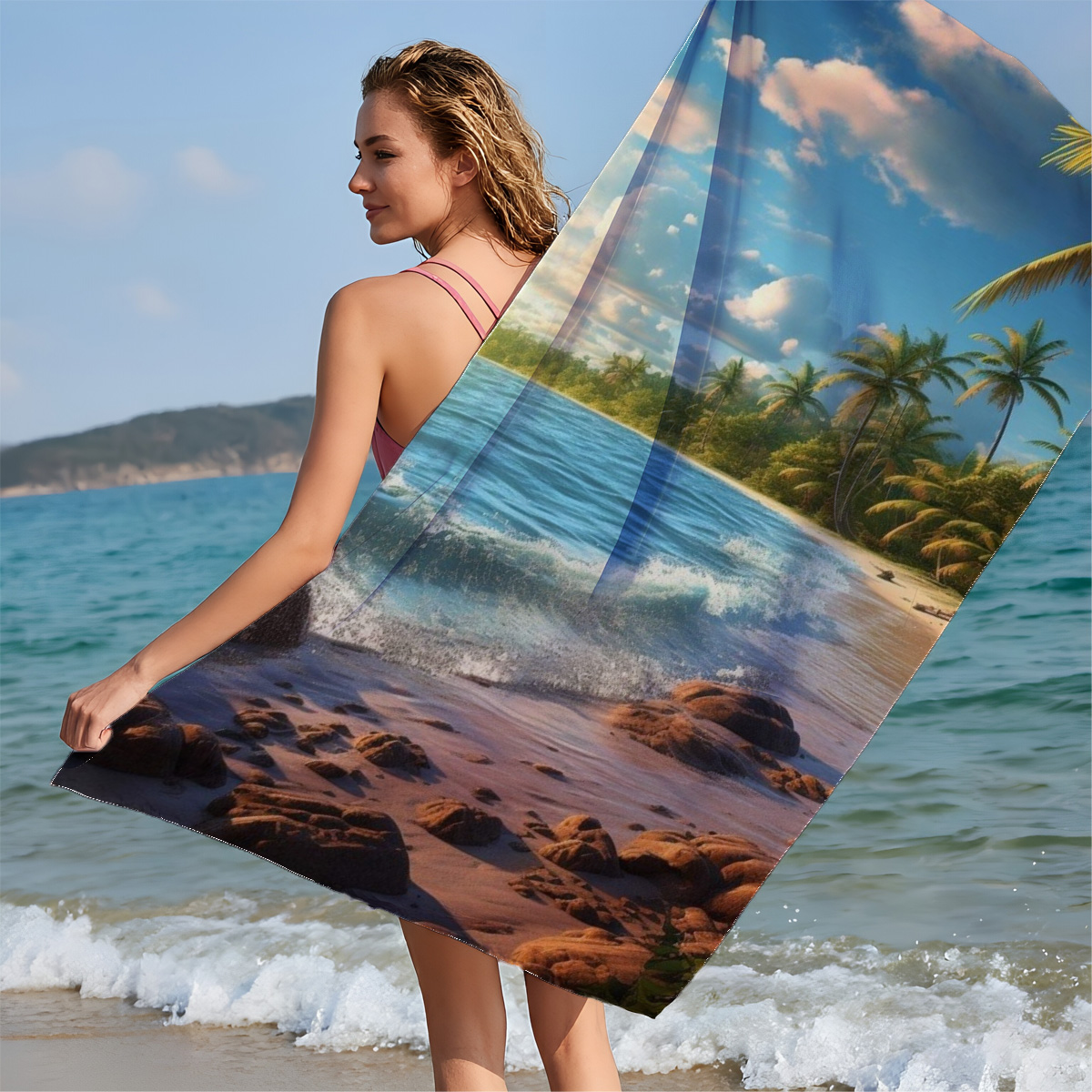 Tropical Beach at Sunset with Palm Trees and Gentle Waves - Beach towels