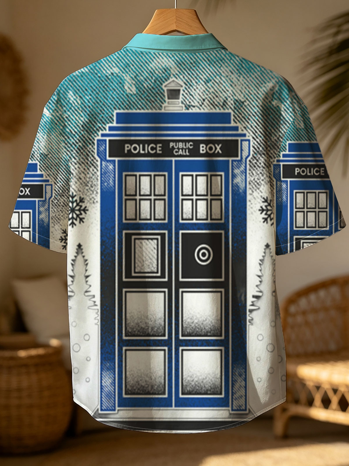 TARDIS in Winter Wonderland: Police Box Amid Snowy Pines -  Shirt