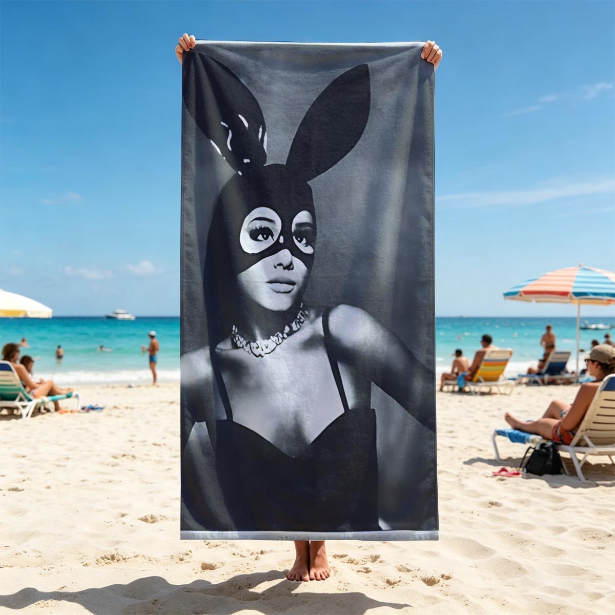 Bunny Masked Woman in Black Dress with Pearl Necklace - Beach towels
