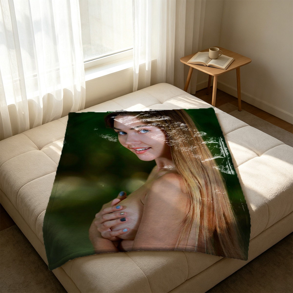 Nana in Black Thong Towel, Nude in Marble Shower - Blanket