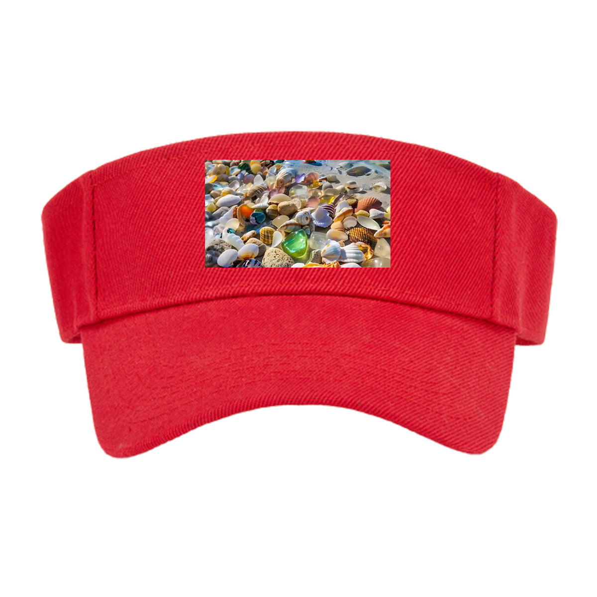 Colorful seashells on a tropical beach with clear blue water and sky. -  Visor cap