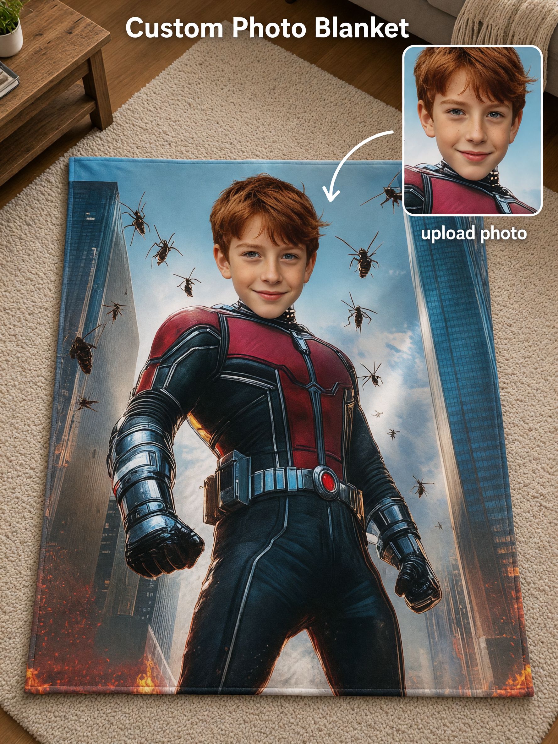 Custom Photo Face Superhero Blanket Personalized Soft Flannel Fleece Throw Skin Friendly Warm Couch Cover Cozy Keepsake