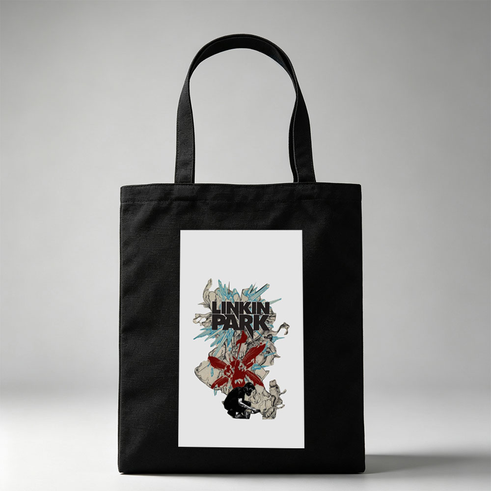 Linkin Park Band Artwork Featuring Abstract Design with Red and Blue Elements and a Figure in Contemplation - Canvas tote bags