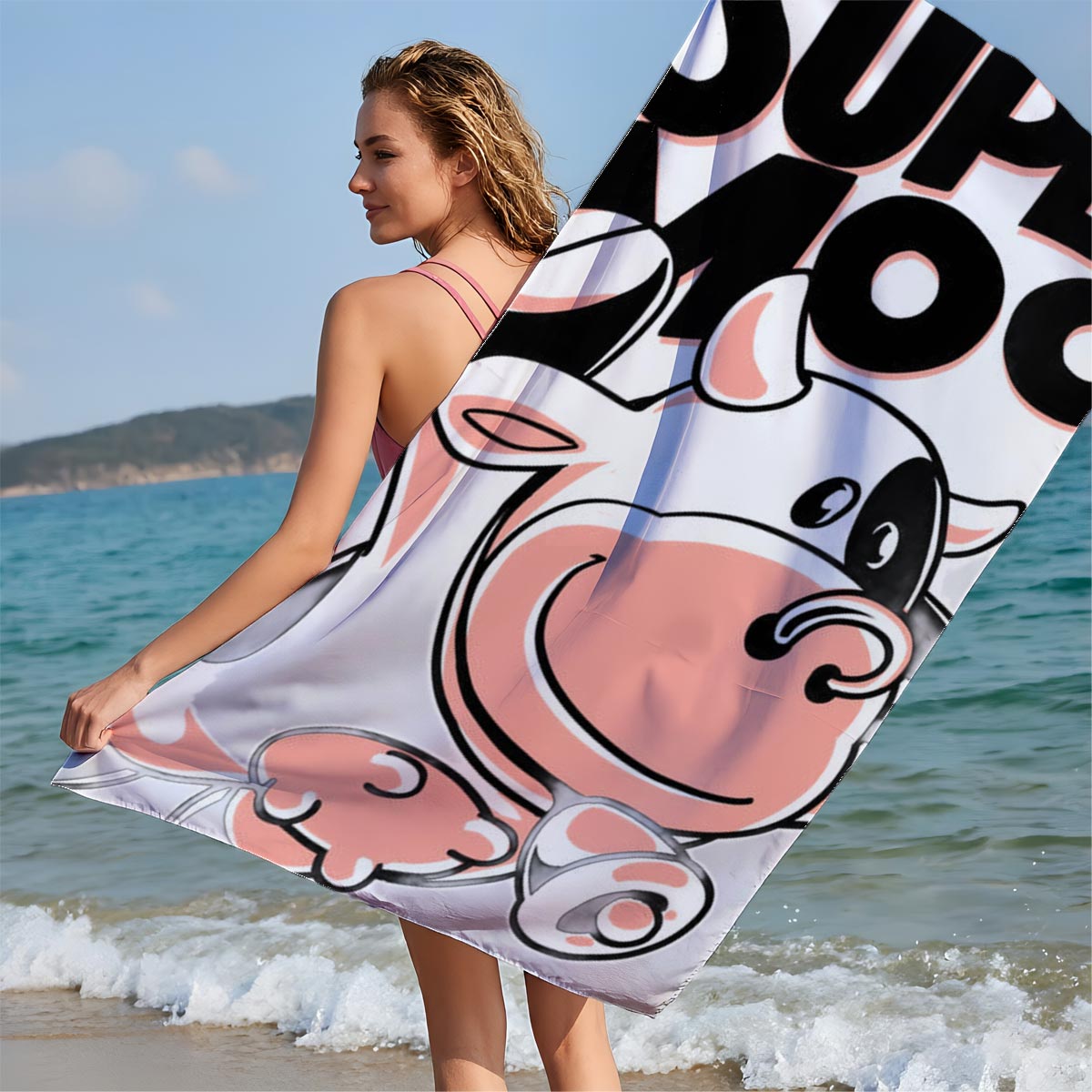 Super Moo: Cartoon Cow Character Design - Beach towels