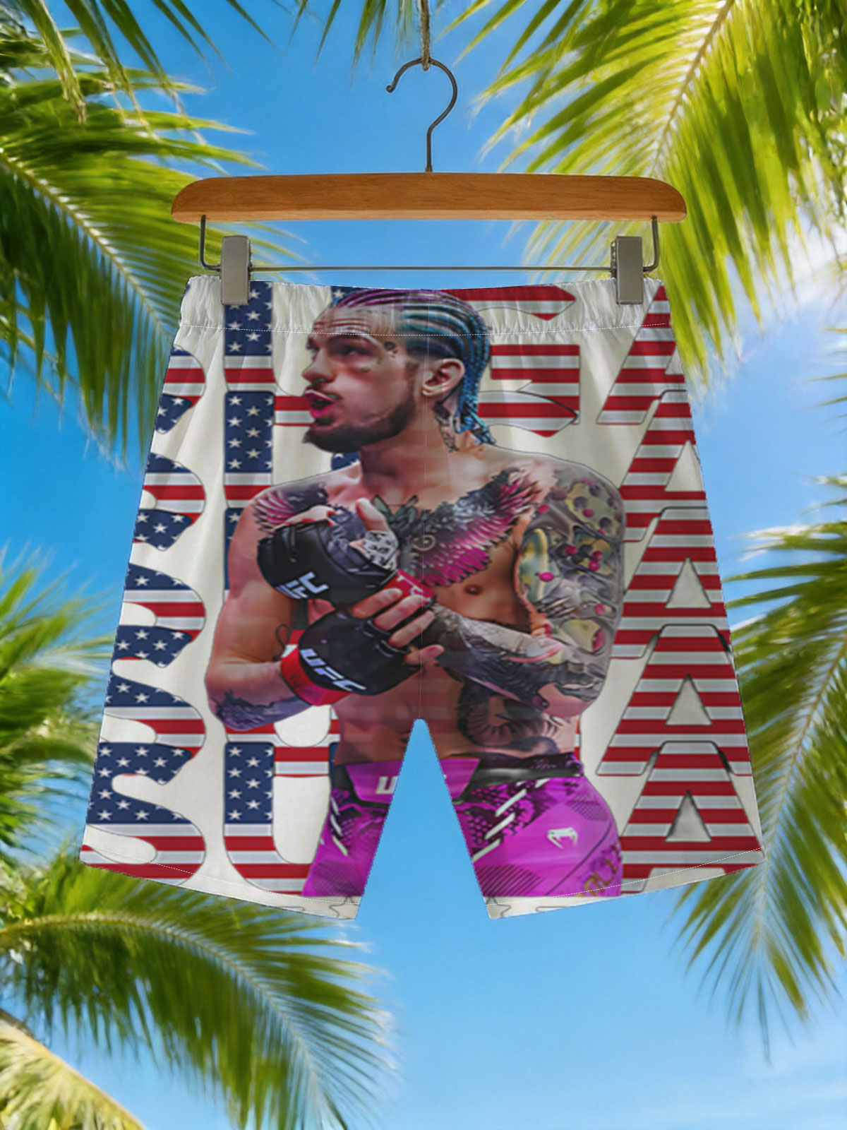 Sean O'Malley in UFC Gear with American Flag Design Background -  Beach shorts