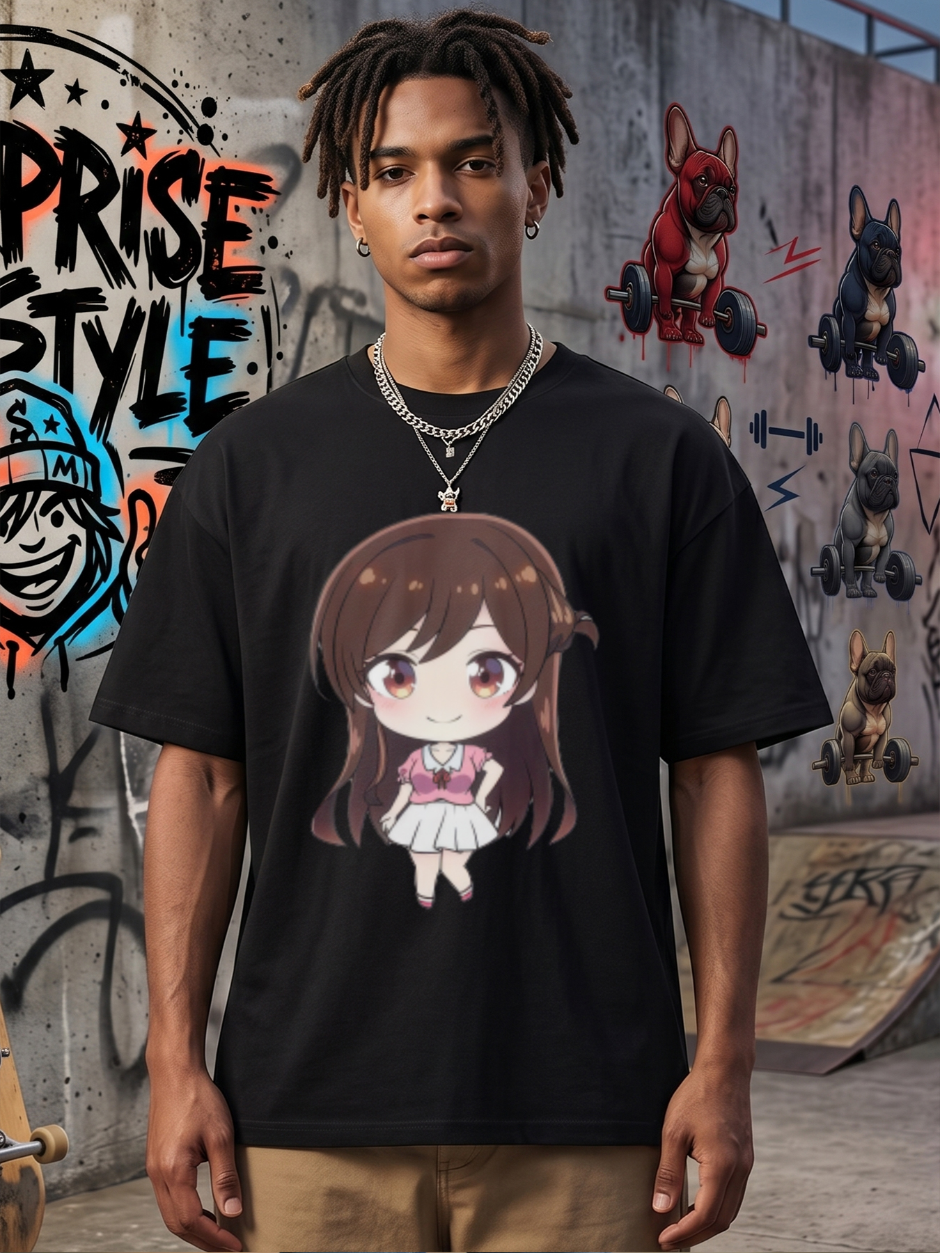 Men's Anime Girl Print T-Shirt Cute Chibi Character Design Casual Round Neck Summer Lightweight Breathable Short Sleeve Tee for Anime Fans and Otaku Culture Enthusiasts