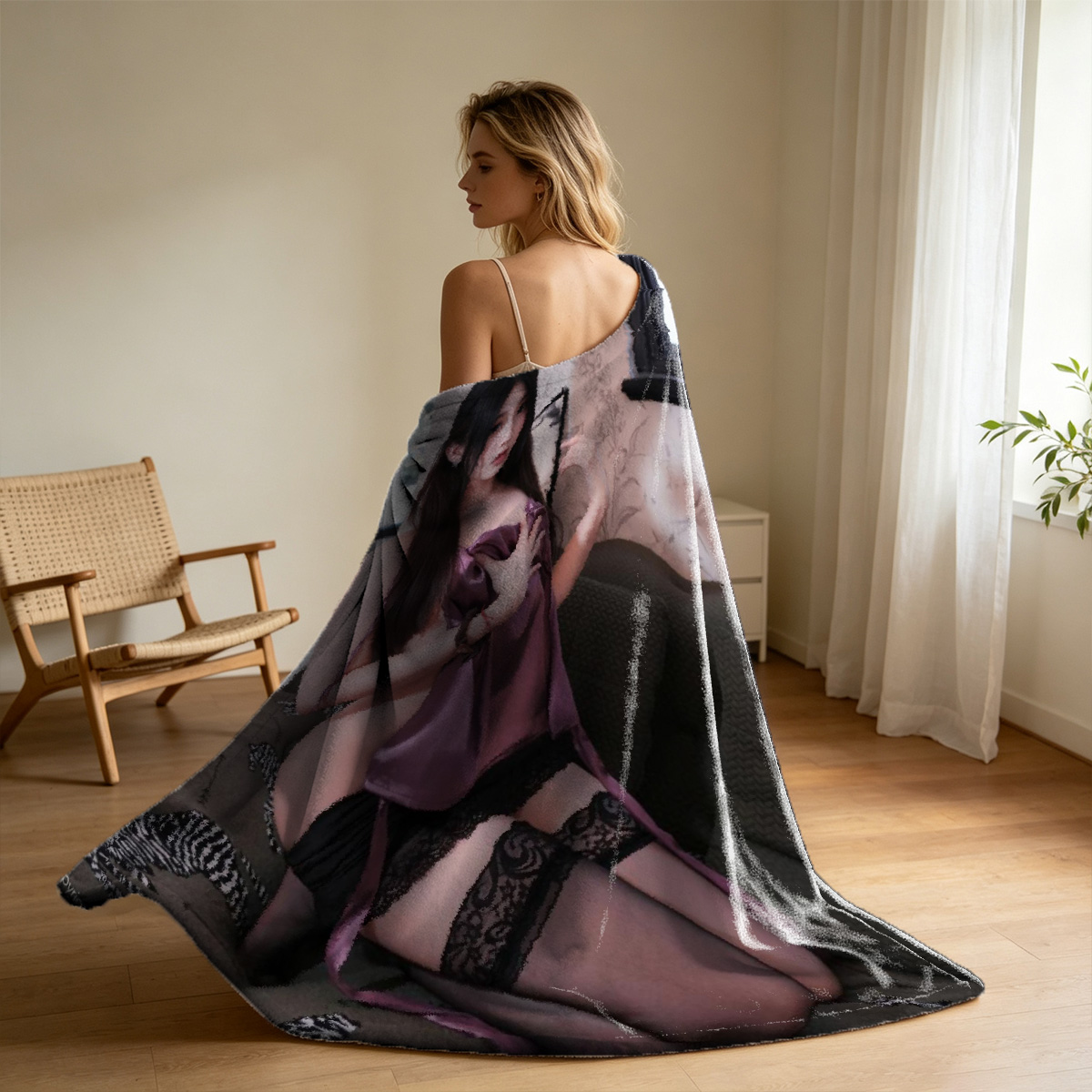 Nude woman lying on table stretching arms and legs. - Blanket