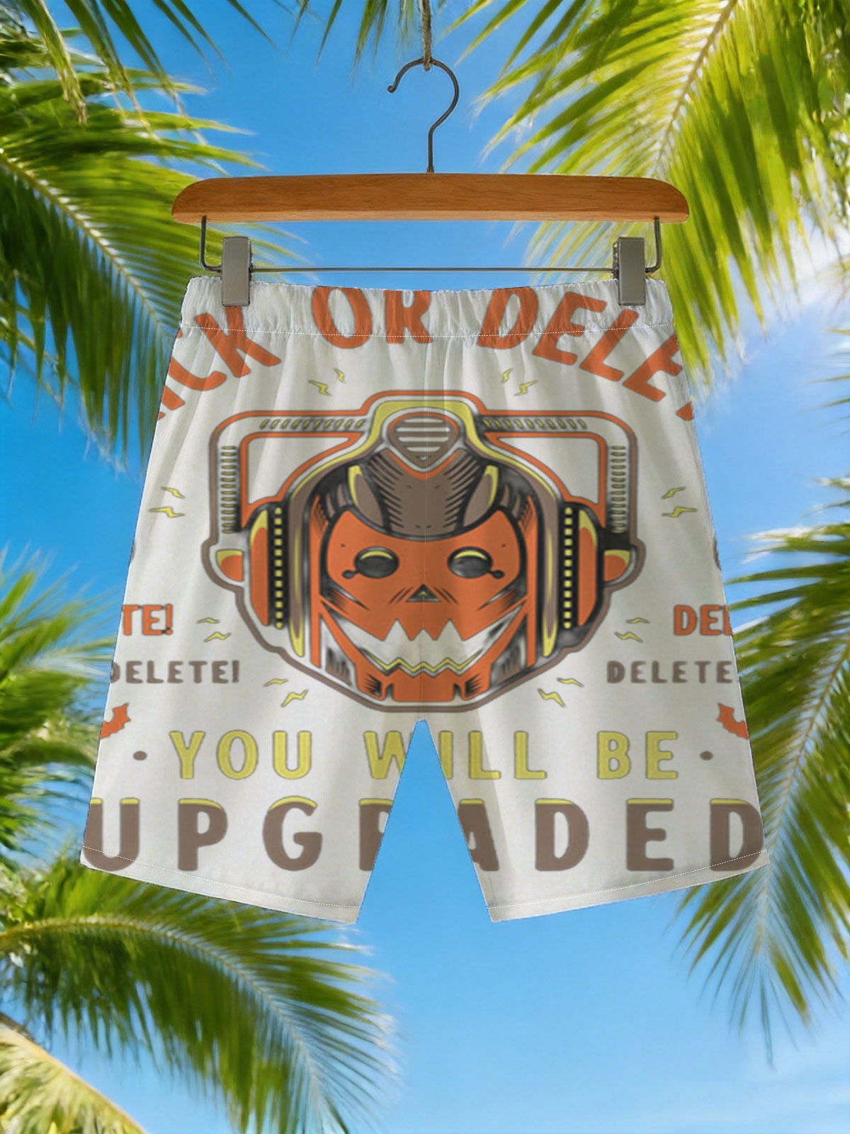 Trick or Delete: Halloween Cyberpunk Pumpkin with Helmet and Upgrade Threat -  Beach shorts
