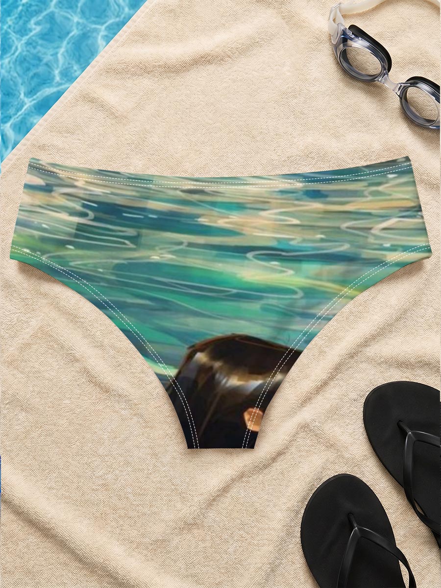 Woman swimming in clear blue water near rocky shore -  Men's swim trunks