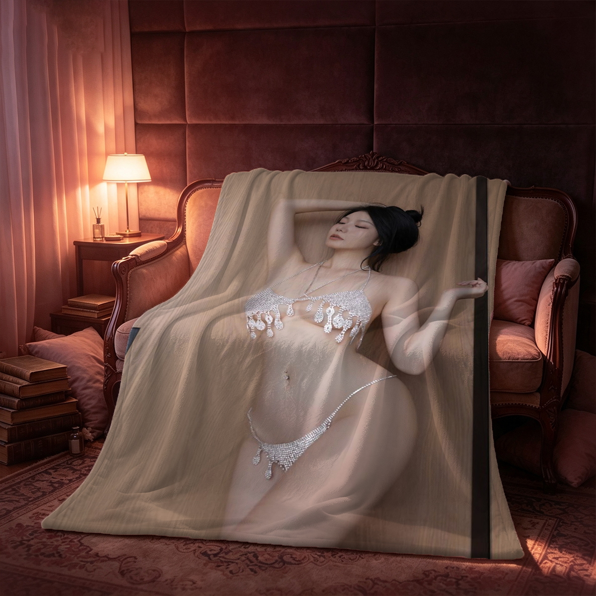 Melisa D in black lace lingerie and open robe, FEMJOY - Blanket