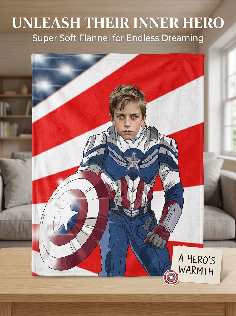 Custom Superhero Face Blanket Personalized Photo Flannel Throw for Kids Cozy Bedside Fleece Blanket Gift