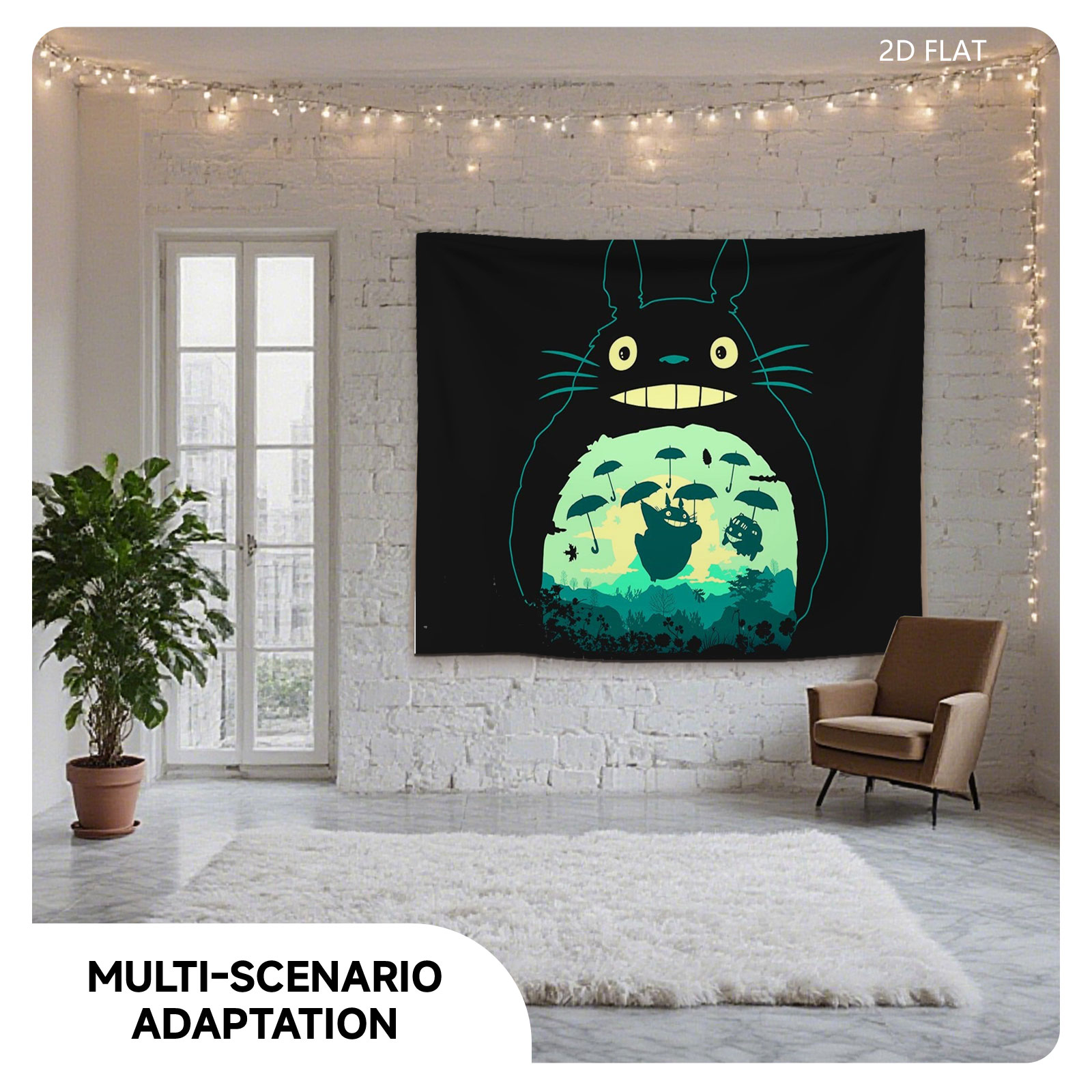 Totoro and Friends Under Umbrellas in a Magical Forest Scene - Tapestry