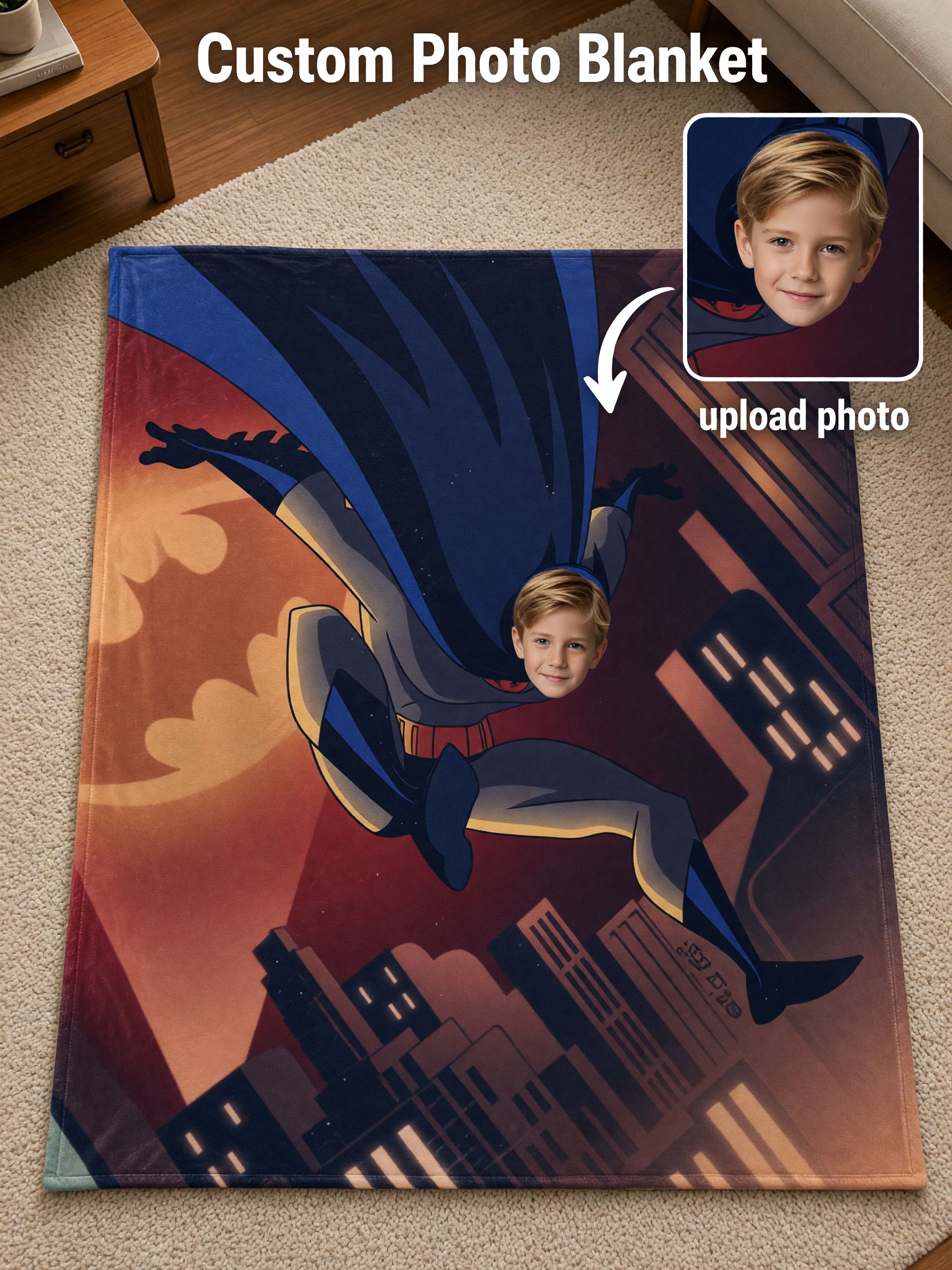 Personalized Superhero Face Photo Blanket, Custom Flannel Throw for Kids and Adults, Cozy Bed and Couch Gift