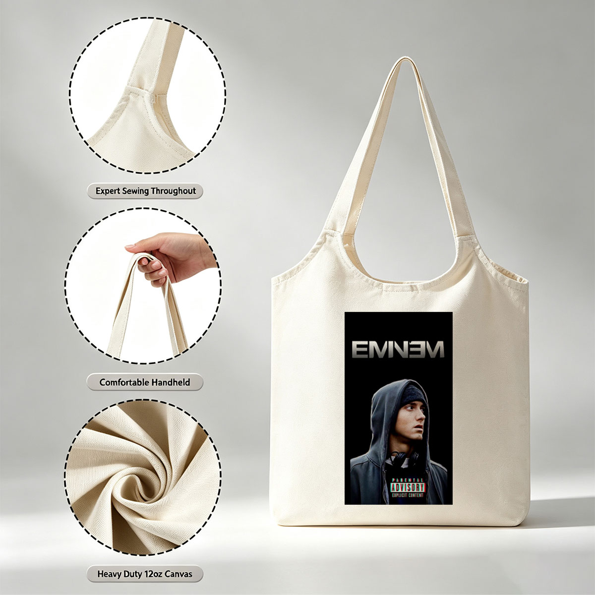 Eminem in Hoodie with Parental Advisory Label on Black Background - Canvas shoulder bags/