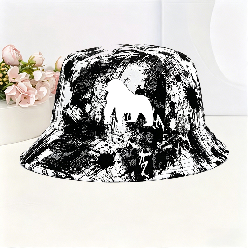 Unisex Classic Graffiti Bucket Hat with Lion Silhouette Print + Casual Streetwear Style for Outdoor Activities, Urban Fashion, and Everyday Wear – Perfect for Adults Seeking Bold Statement Accessories in Trendy Designs
