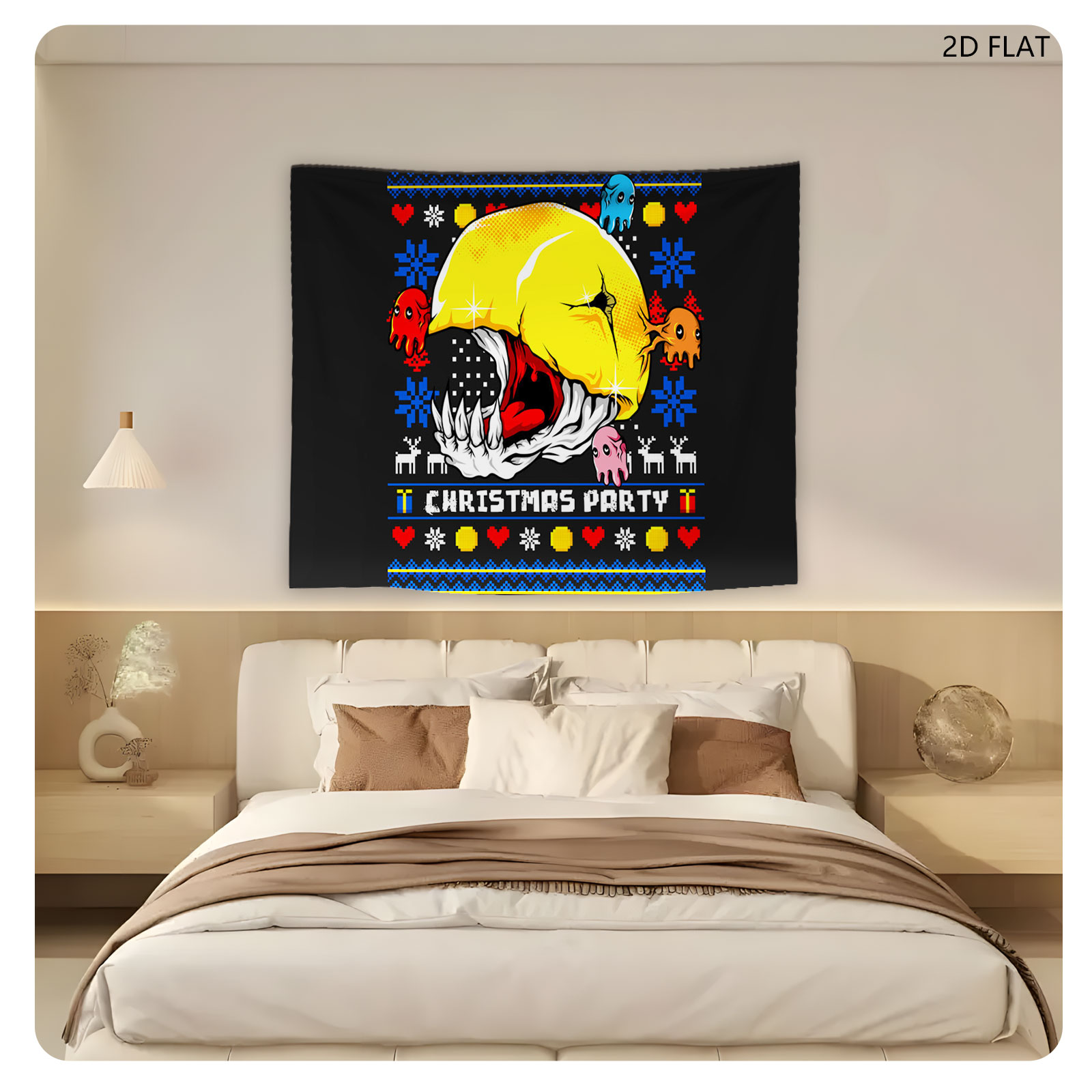 Pac-Man Christmas Party with Ghosts and Holiday Patterns - Tapestry