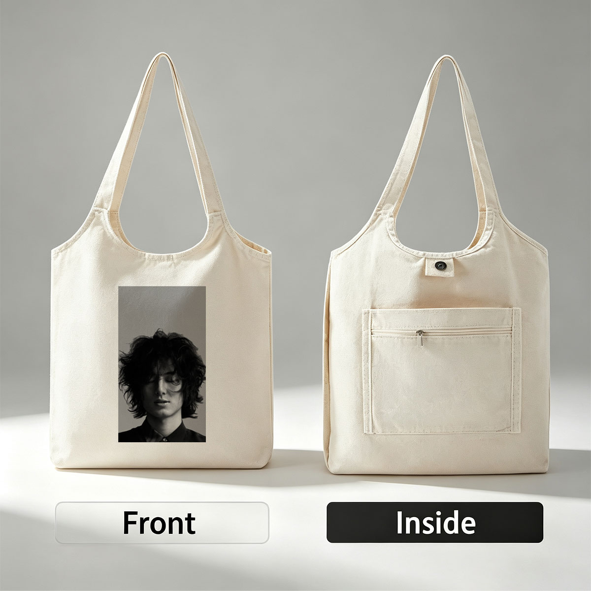 Timothée Chalamet Close-Up Black and White Portrait with Messy Hair and Closed Eyes - Canvas shoulder bags/