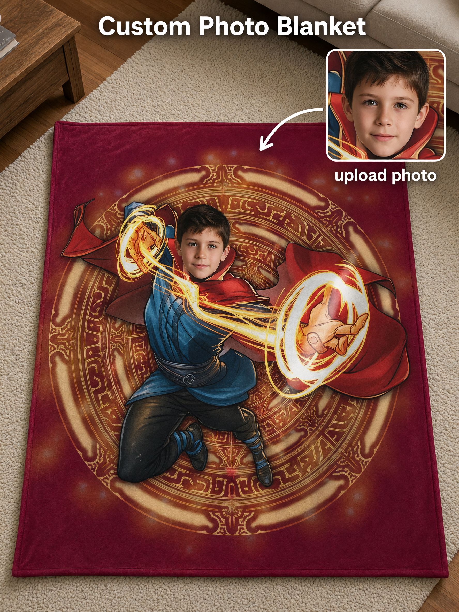 Custom Photo Face Blanket, Superhero Sorcerer Flannel Throw, Soft Velvet Fleece Bed Couch Ideal Personalized Gift