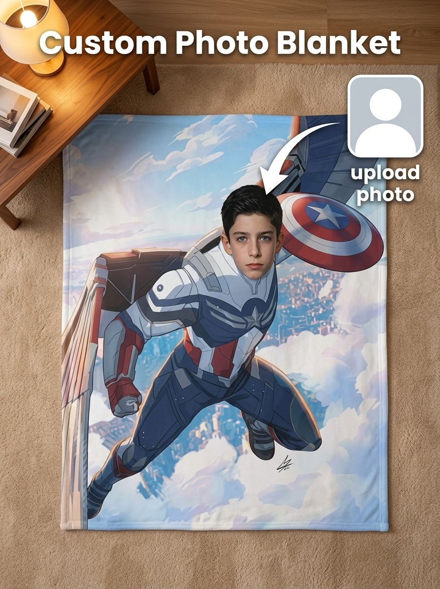 Custom Superhero Face Photo Blanket Personalized Flannel Fleece Throw Bedding Cover for Kids Boys Cozy Keepsake Gift