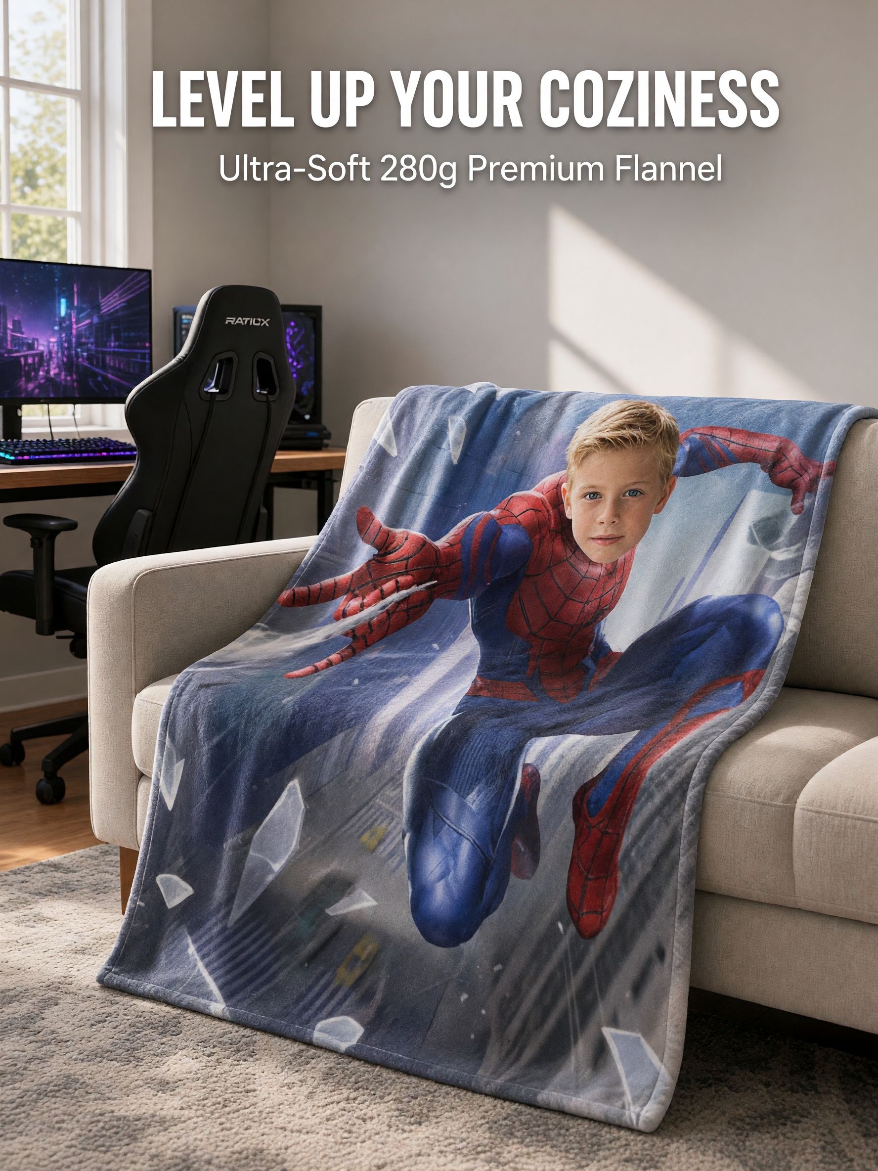 Custom Face Superhero Flannel Blanket, Personalized Photo Plush Throw for Kids, Cozy Anti-Pilling Bedroom Gift