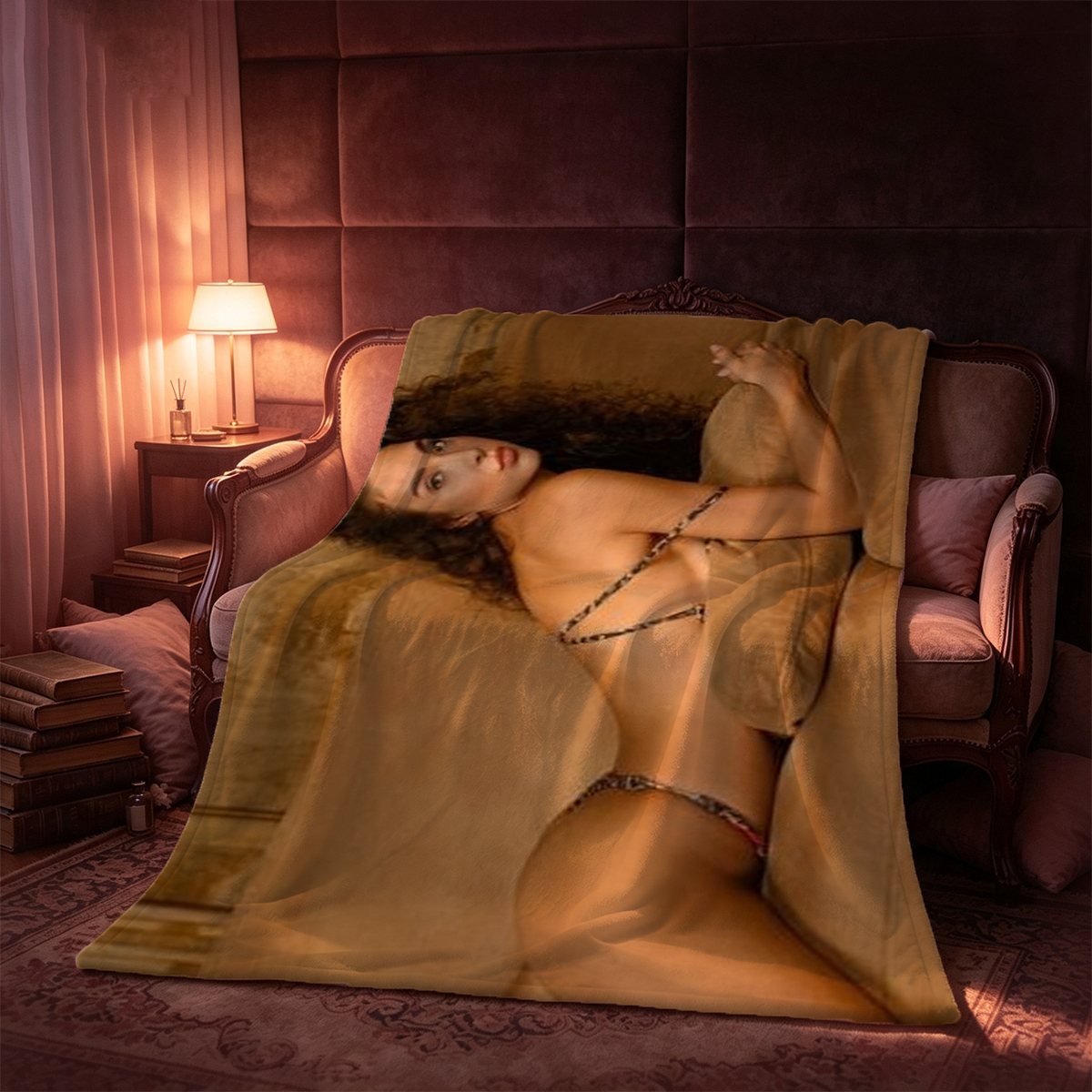 A woman in black lace lingerie and stockings lies seductively on a bed with a pink tufted headboard. - Blanket