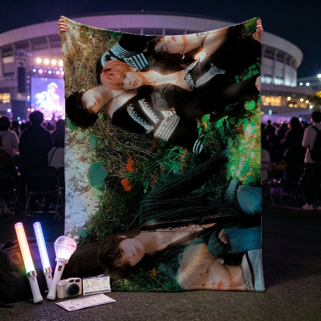 TXT Members Lying on Grass in Nature Scene - Blankets