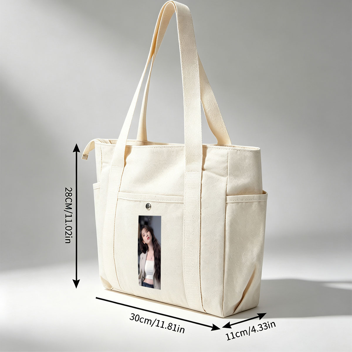 IU in a stylish outfit with a beige blazer and white crop top, showcasing her long wavy hair and elegant necklace. - Multi-pocket bags