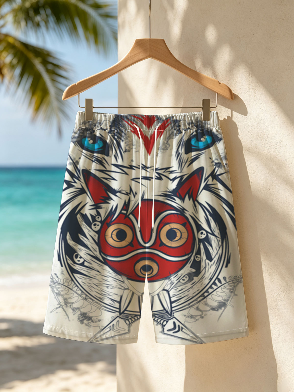 Red Masked Fox with Blue-Eyed Beast and Tribal Design -  Beach shorts