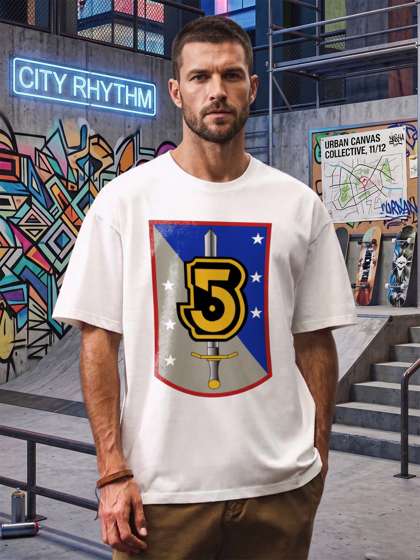 Men's Printed T-Shirt with Number 5 Sword Shield Design, Casual Round Neck Summer Lightweight Breathable Short Sleeve Tee for Military Enthusiasts and Outdoor Activities