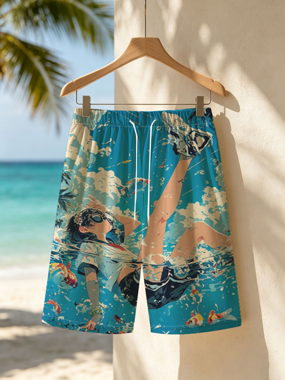 Girl floating in water with koi fish and palm trees under blue sky -  Beach shorts