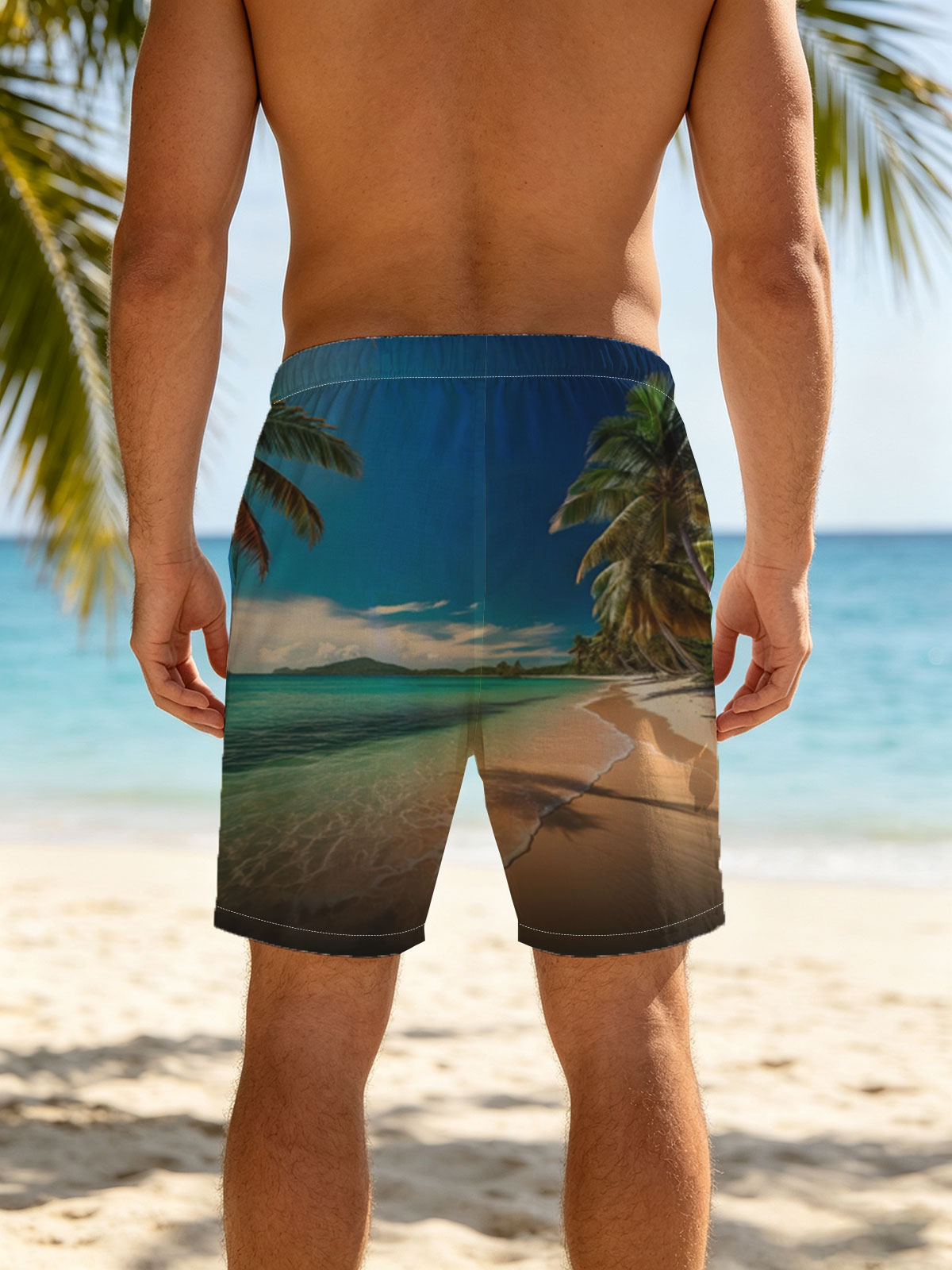 Tropical Beach with Palm Trees and Crystal Clear Water -  Beach shorts