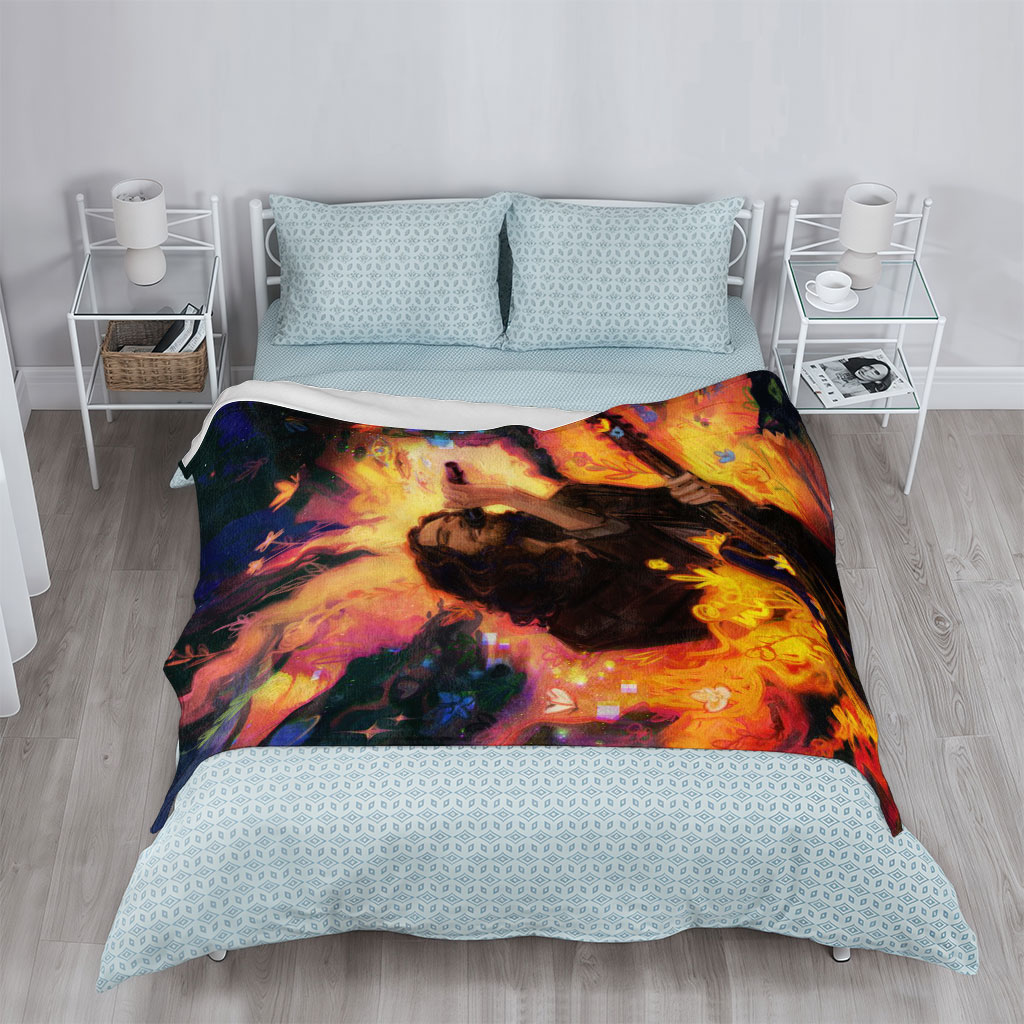 Hozier Performing with Guitar Amidst Vibrant Flames and Flowers Artwork - Blankets
