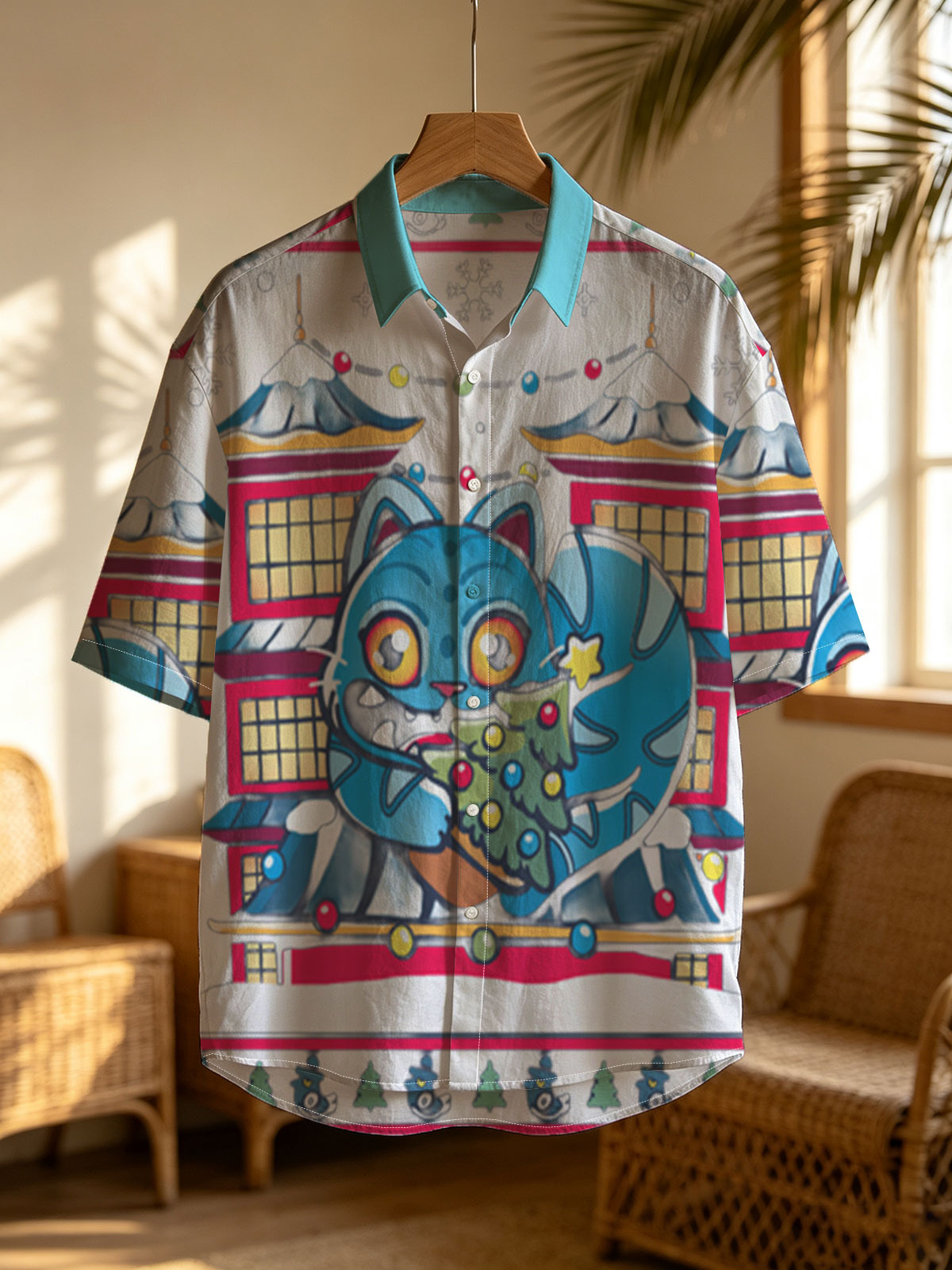 Blue Cat with Christmas Tree in Front of Pagoda House -  Shirt