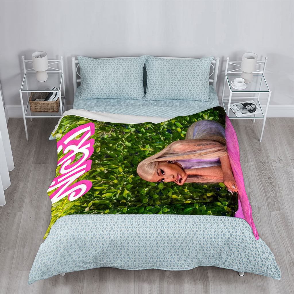 Nicki Minaj Leaning on Pink Car in Front of Green Hedge Wall - Blankets