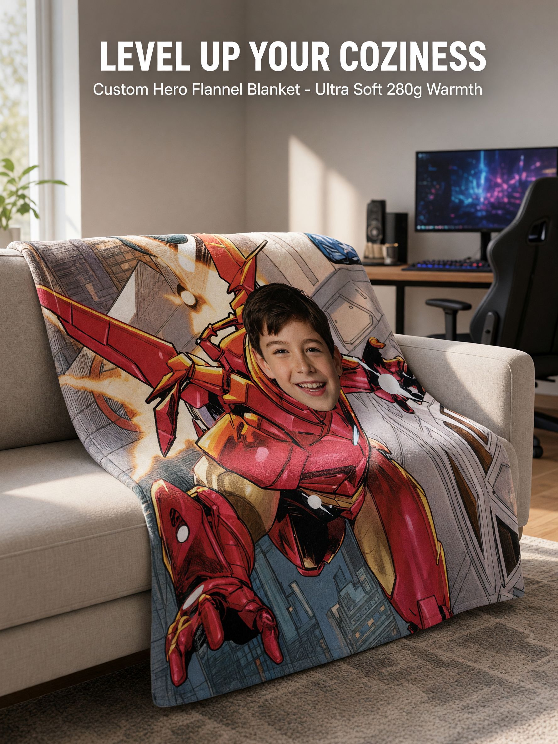 Custom Face Superhero Blanket, Personalized Photo Comic Character Plush Flannel Throw for Kids, Ideal Birthday Gift