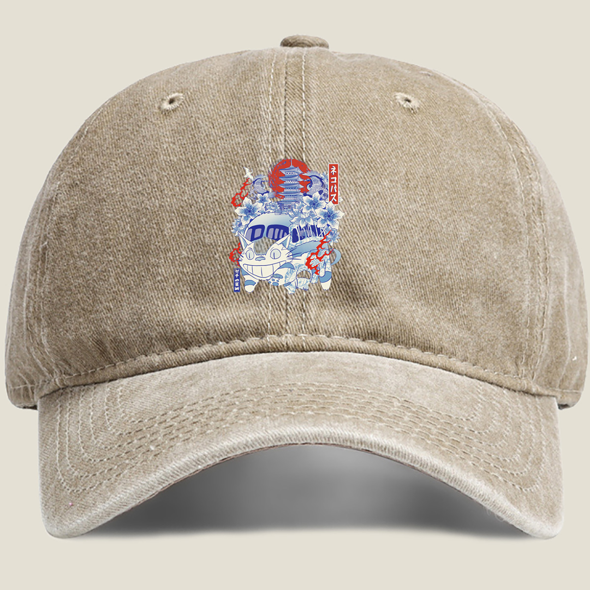 Neko Pass: Catbus and Japanese Landmarks - Washed Denim - Baseball Cap