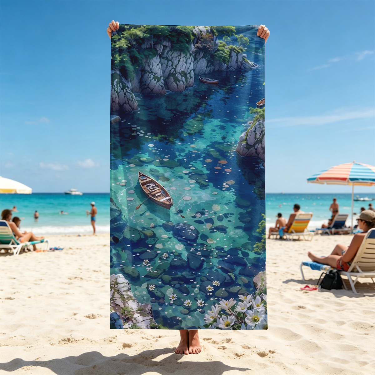 A serene boat floats on crystal-clear waters surrounded by rocky cliffs and blooming flowers. - Beach towels