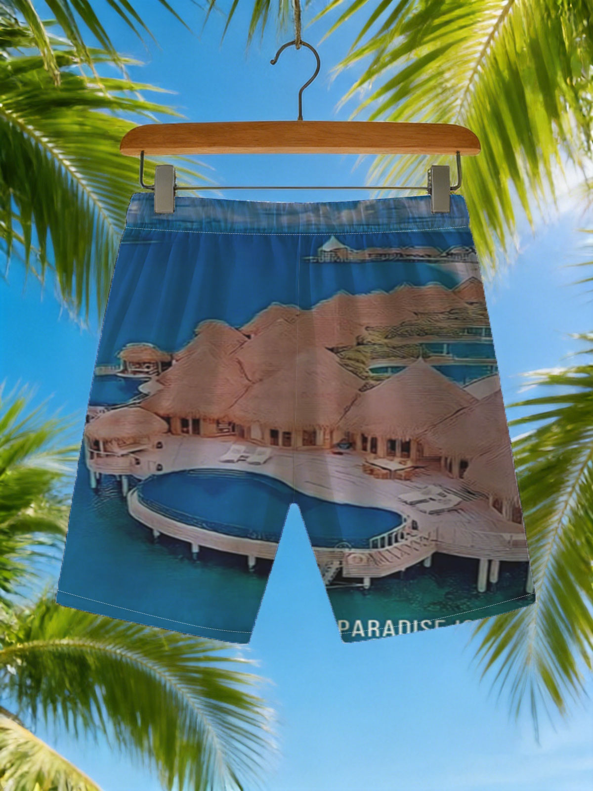 Overwater bungalows with private pools on a tropical island, surrounded by crystal blue waters and lush greenery. -  Beach shorts